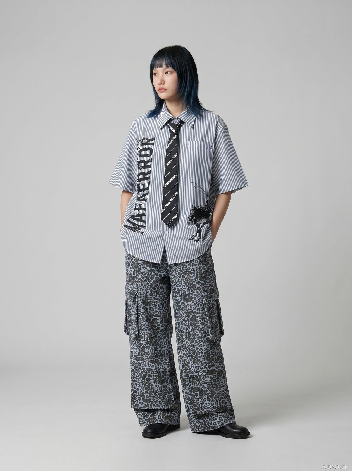 DAXUEN Striped oversized short-sleeve button-down shirt — model photo