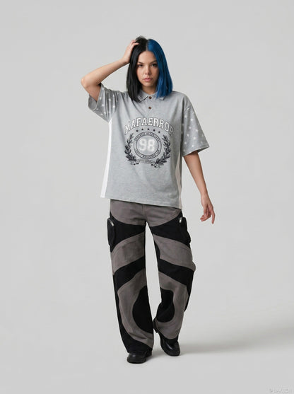 DAXUEN Grey marl short-sleeved polo shirt with star print — model photo