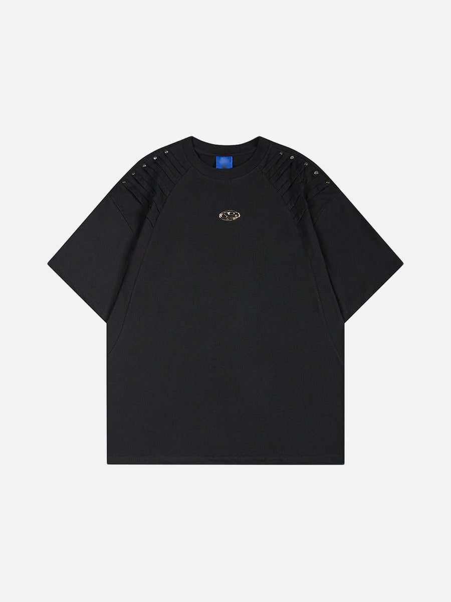 DAXUEN Short-sleeved T-shirt with metallic emblem and pleated details