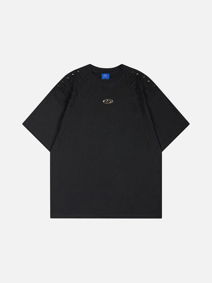 DAXUEN Short-sleeved T-shirt with metallic emblem and pleated details