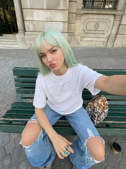 DAXUEN Metallic star embroidered short-sleeved T-shirt — model photo