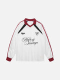 White retro long sleeve football jersey with a red v-neck collar, chest script graphics, and angled shoulder panels.