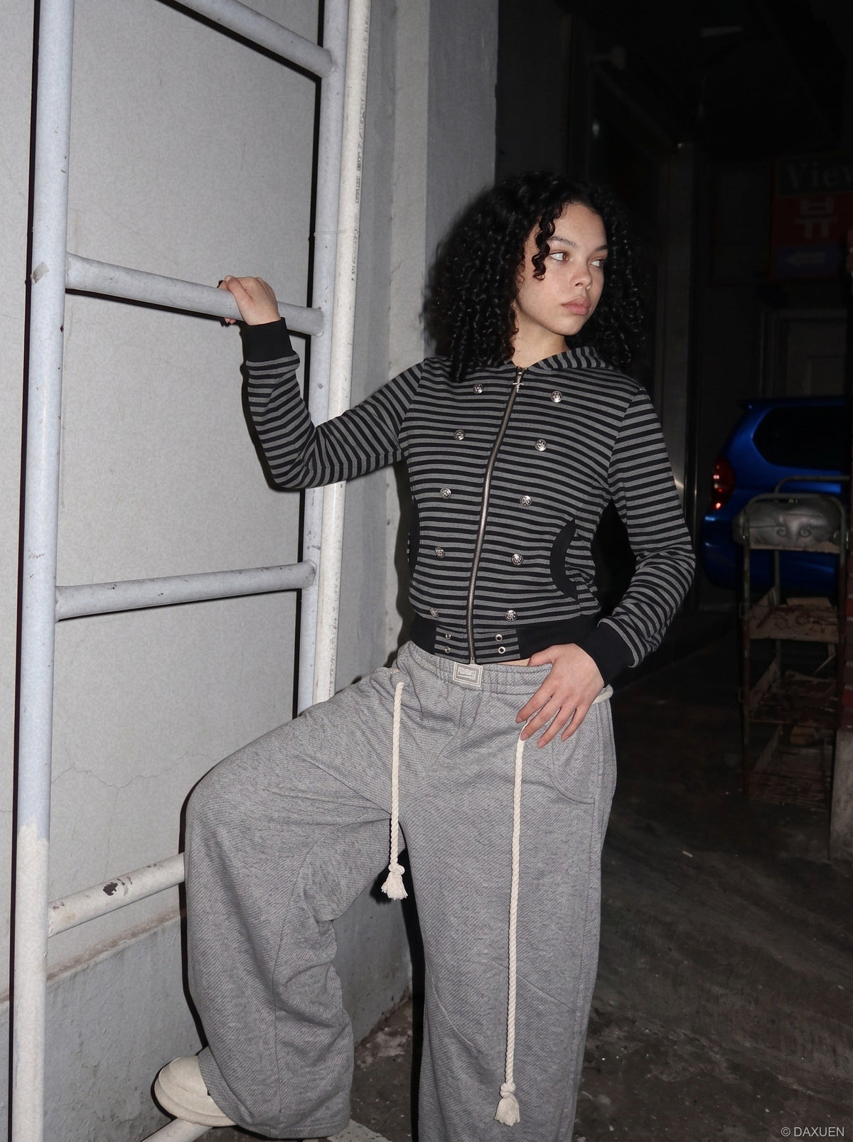 Metallic Studded Striped Zip-Up Hoodie