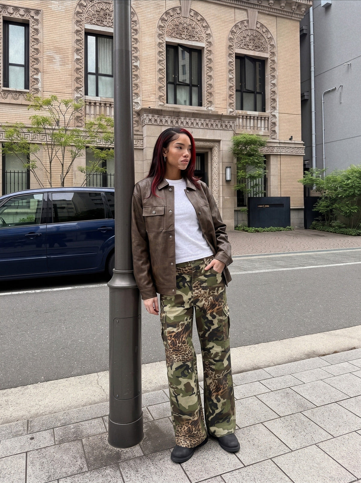 DAXUEN olive green and brown mixed camouflage leopard wide-leg cargo pants — model photo