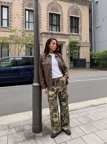 DAXUEN olive green and brown mixed camouflage leopard wide-leg cargo pants — model photo