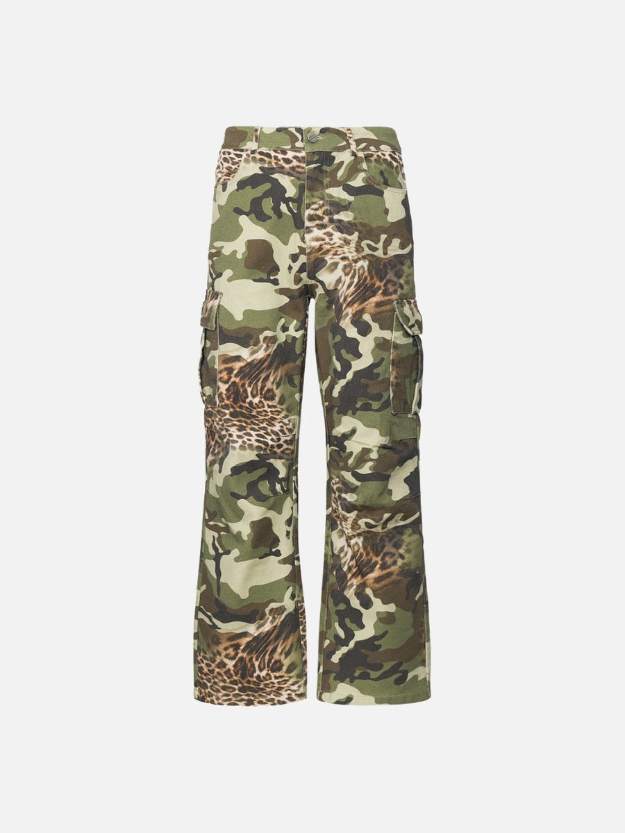 DAXUEN olive green and brown mixed camouflage leopard wide-leg cargo pants