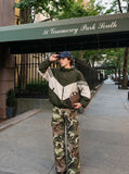 DAXUEN olive green and brown mixed camouflage leopard wide-leg cargo pants — model photo