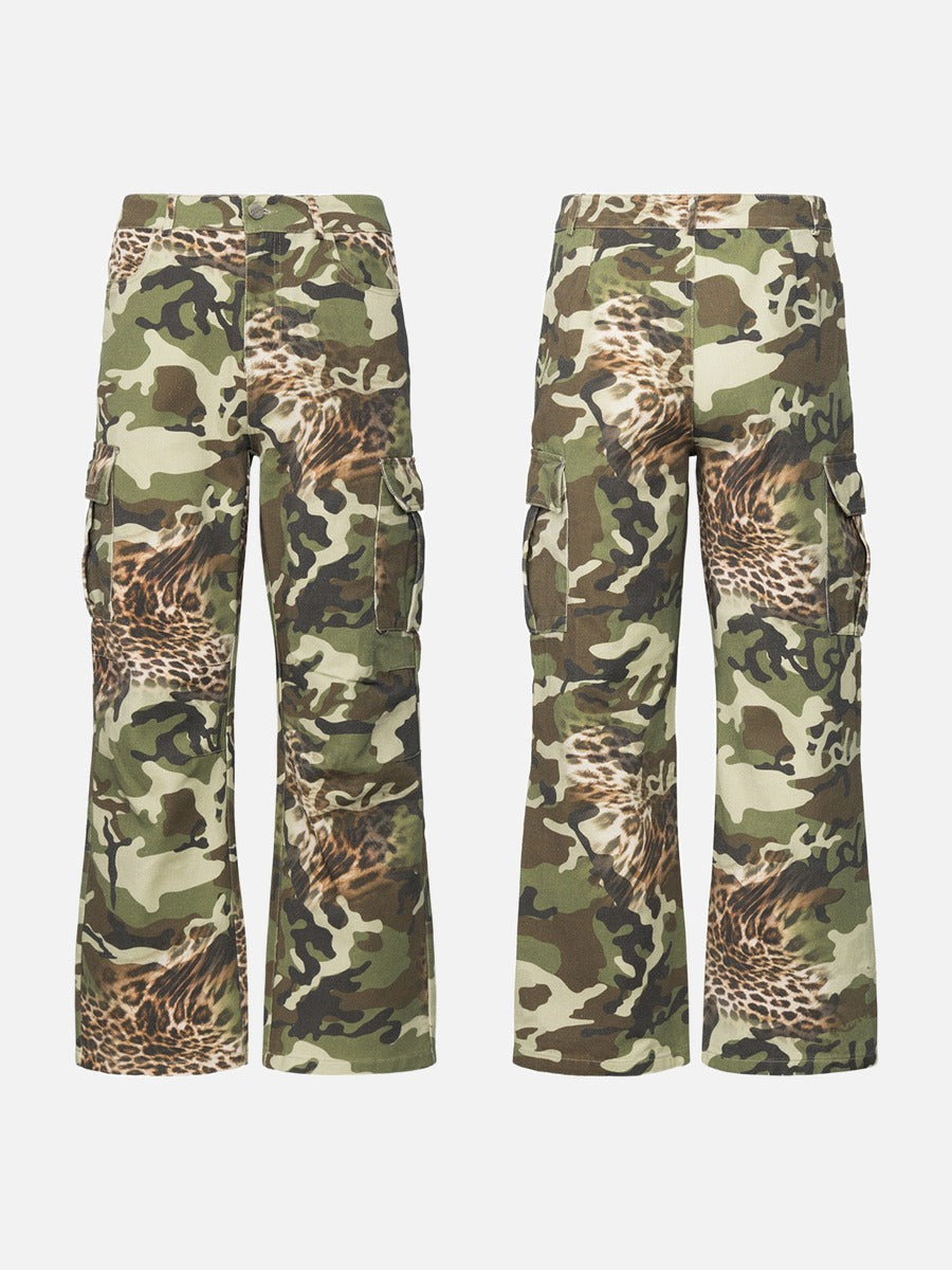 DAXUEN olive green and brown mixed camouflage leopard wide-leg cargo pants