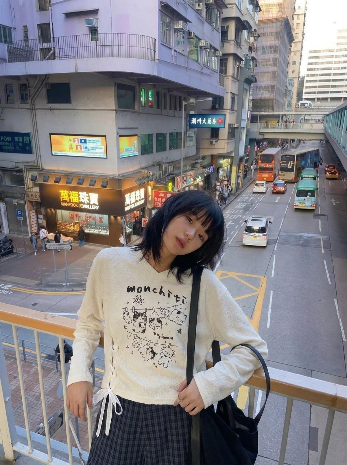 DAXUEN Monchiti Cartoon Cats Long Sleeve Top — model photo