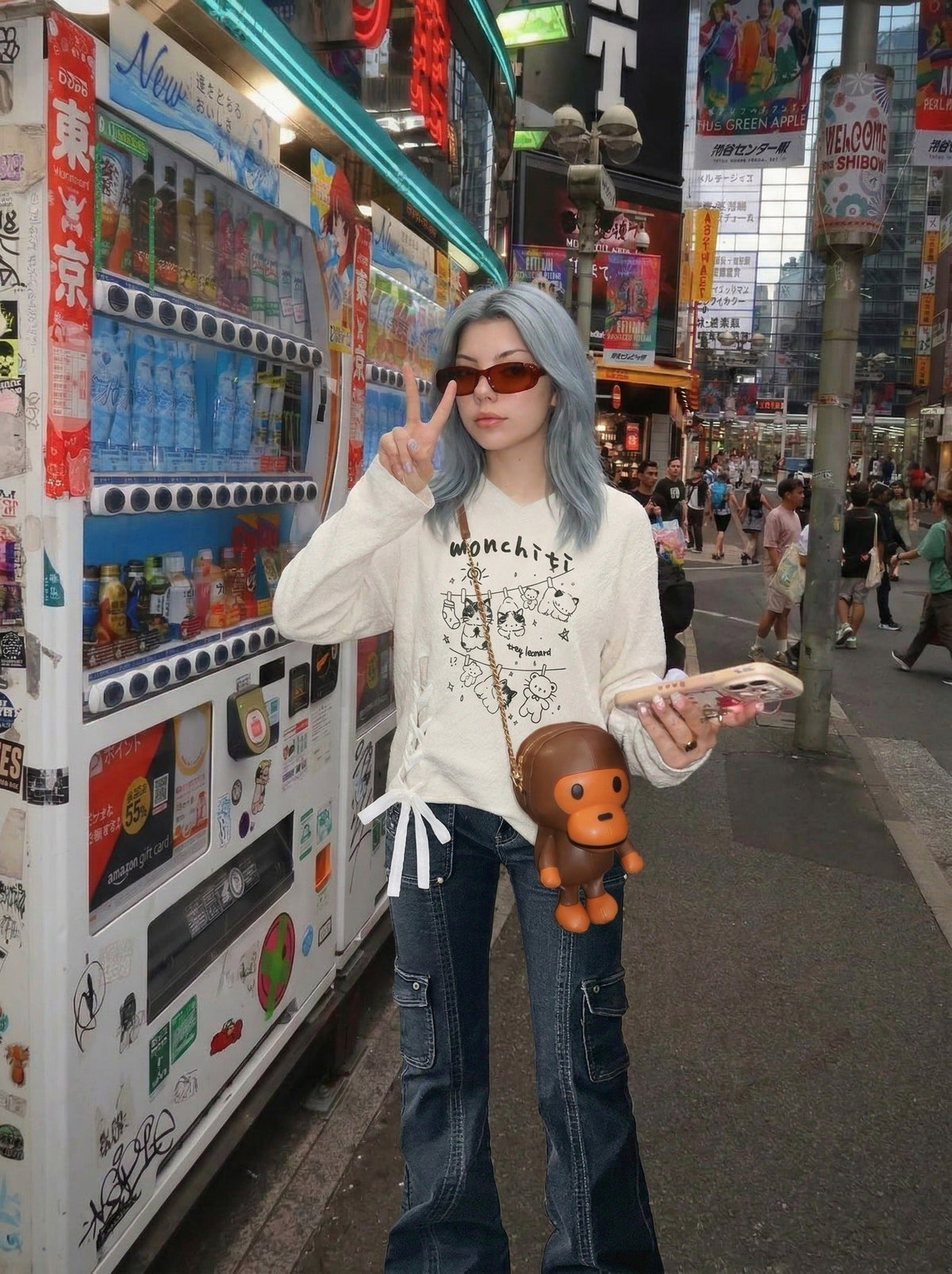 DAXUEN Monchiti Cartoon Cats Long Sleeve Top — model photo