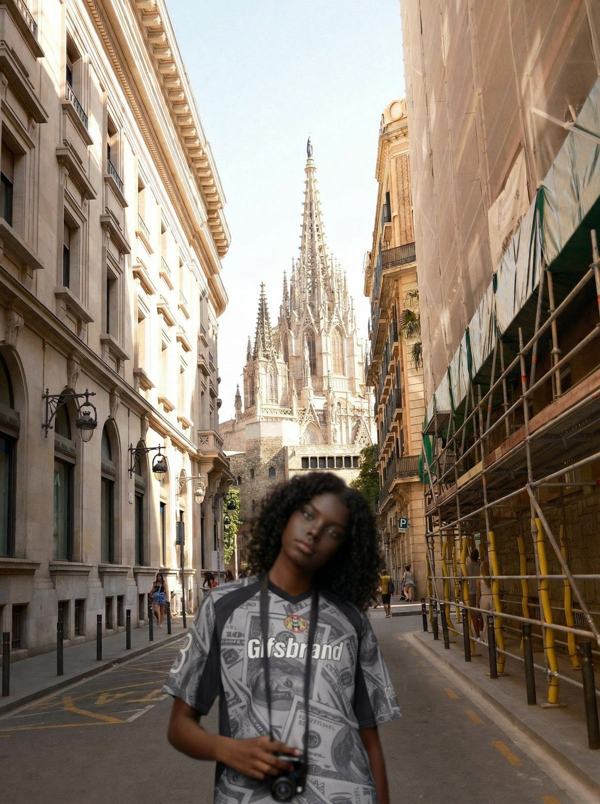 DAXUEN Oversized V-neck T-shirt with money print — model photo
