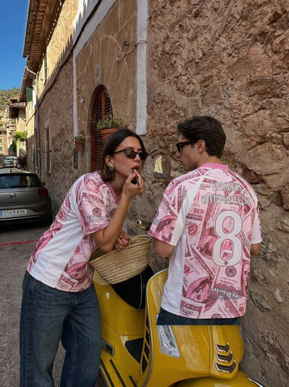 DAXUEN Oversized V-neck T-shirt with money print — model photo