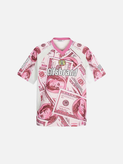 DAXUEN Oversized V-neck T-shirt with money print