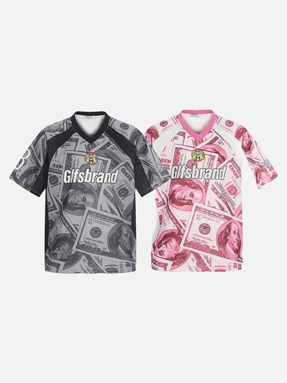 DAXUEN Oversized V-neck T-shirt with money print