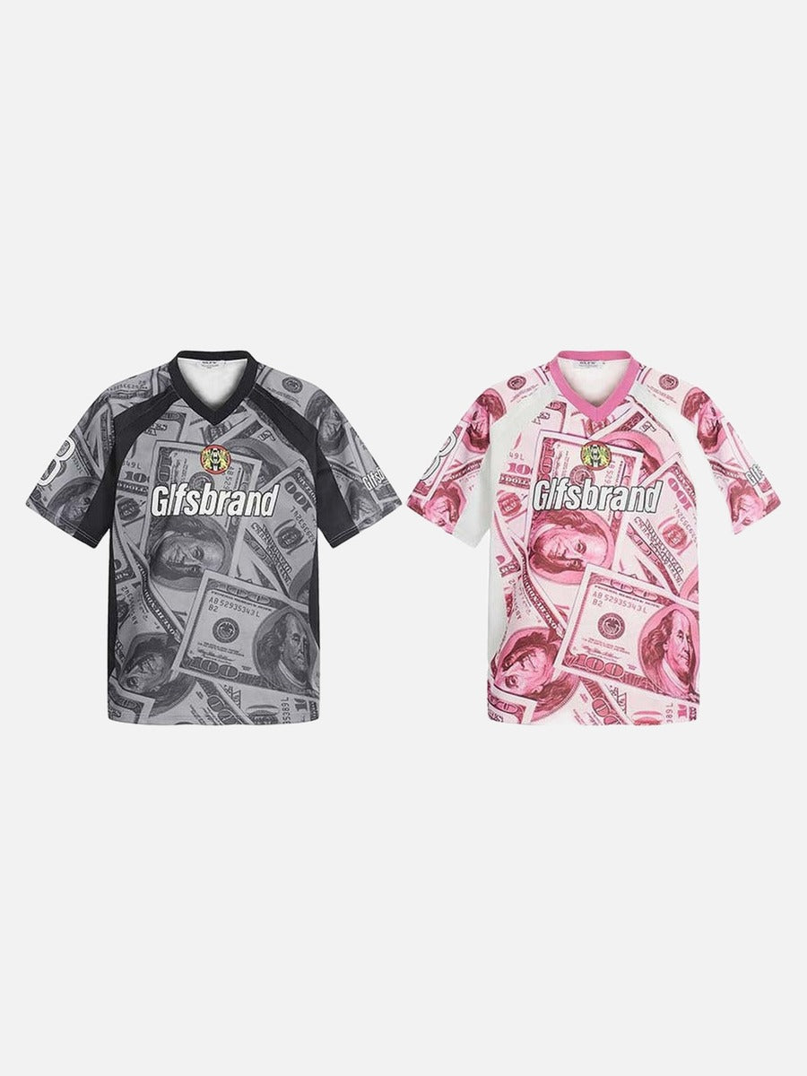 DAXUEN Oversized V-neck T-shirt with money print