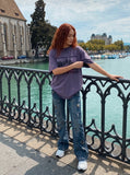 DAXUEN washed purple oversized monochrome rock-band graphic tee — model photo