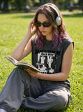 DAXUEN beige sleeveless woman's face graphic tee — model photo