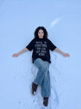 DAXUEN Oversized short-sleeved t-shirt with distressed text print — model photo