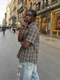 DAXUEN Multi-colored plaid short-sleeved button-up shirt — model photo