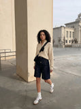 DAXUEN dark indigo multi-layered denim wide-leg shorts — model photo