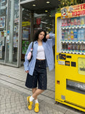 DAXUEN dark indigo multi-layered denim wide-leg shorts — model photo