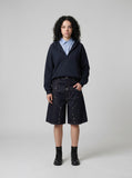 DAXUEN dark indigo multi-layered denim wide-leg shorts — model photo