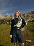 DAXUEN dark indigo multi-layered denim wide-leg shorts — model photo