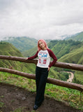 DAXUEN white and dark red multi-panel graphic long sleeve tee — model photo