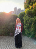 DAXUEN white and dark red multi-panel graphic long sleeve tee — model photo