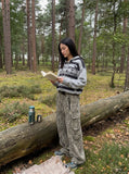 DAXUEN light grey and dark grey/black musical notes graphic hooded cardigan — model photo