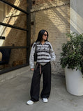 DAXUEN light grey and dark grey/black musical notes graphic hooded cardigan — model photo