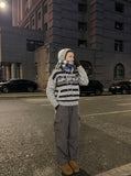 DAXUEN light grey and dark grey/black musical notes graphic hooded cardigan — model photo