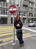 DAXUEN dark indigo wide-leg jeans with musical staff embroidery — model photo