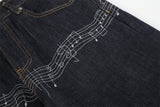 DAXUEN dark indigo wide-leg jeans with musical staff embroidery