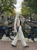 DAXUEN Muted grey wide leg trousers with paint splatter — model photo