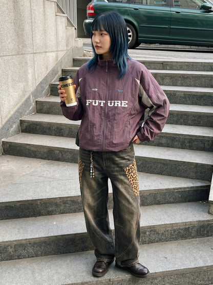DAXUEN muted purple color-blocked track jacket — model photo