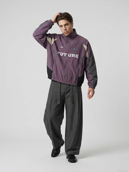 DAXUEN muted purple color-blocked track jacket — model photo