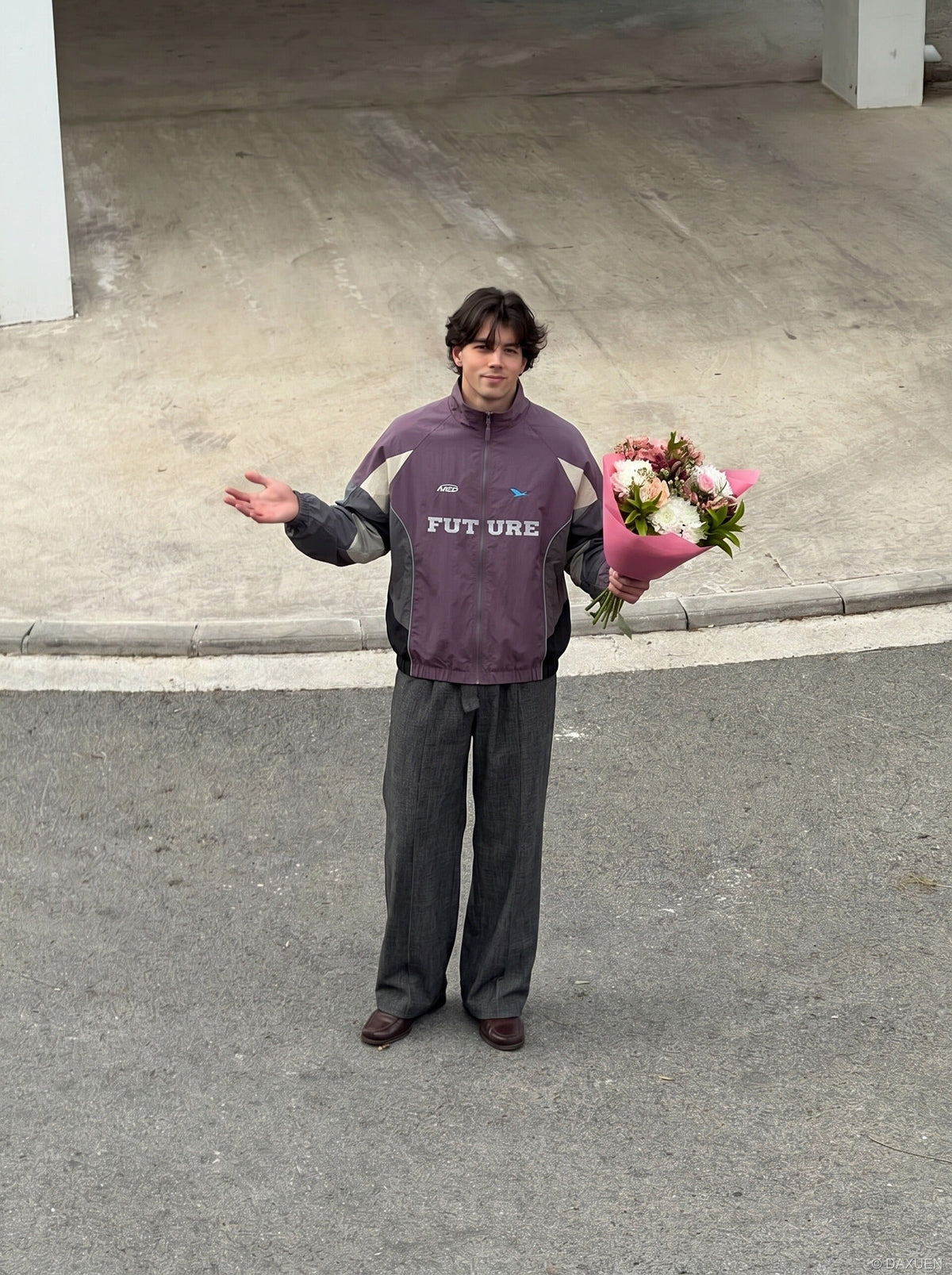 DAXUEN muted purple color-blocked track jacket — model photo