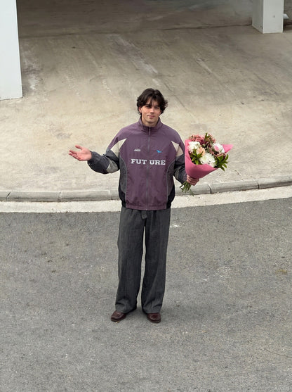 DAXUEN muted purple color-blocked track jacket — model photo