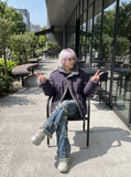 DAXUEN dark muted purple padded parka jacket with grey faux fur lining — model photo