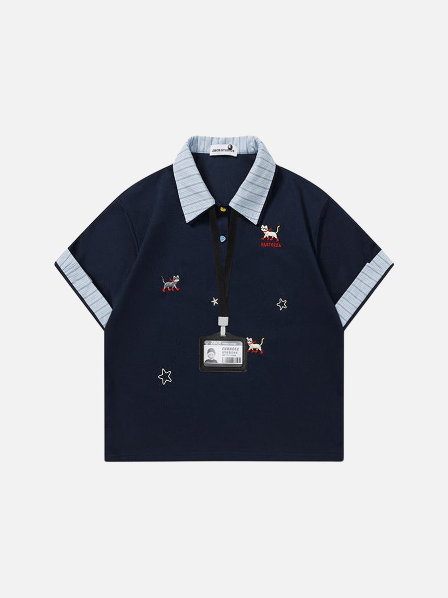 DAXUEN Cat embroidered polo shirt with striped collar