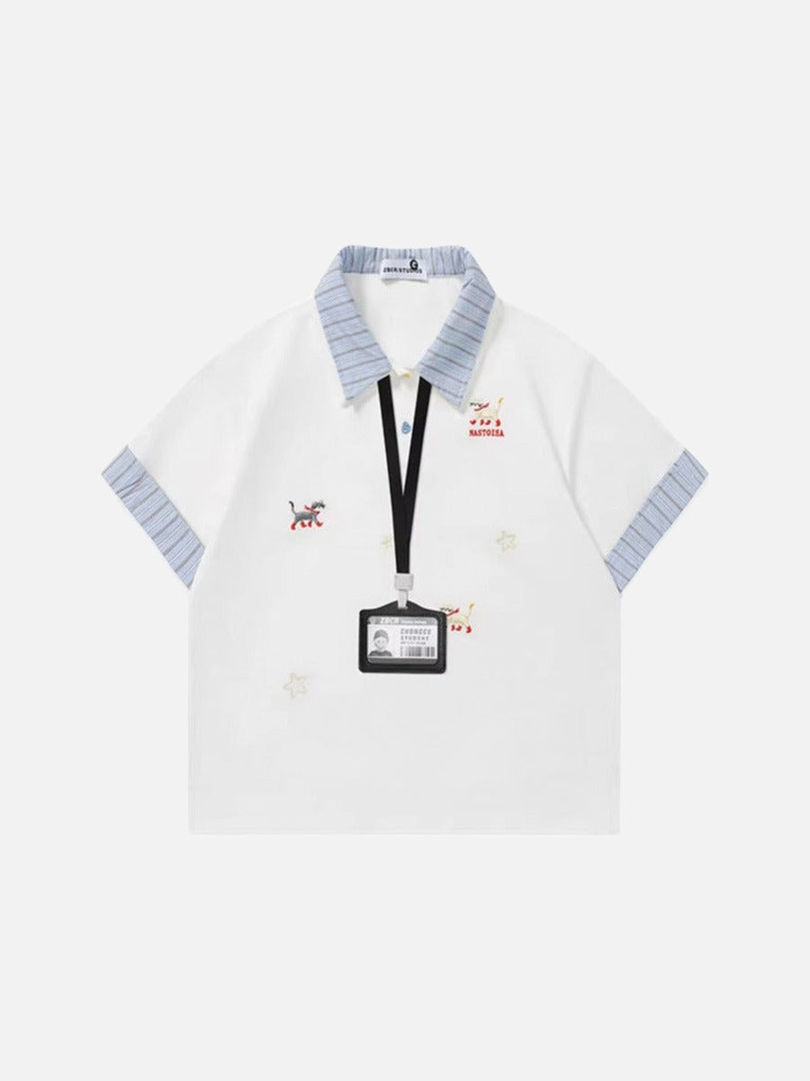 DAXUEN Cat embroidered polo shirt with striped collar