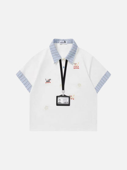 DAXUEN Cat embroidered polo shirt with striped collar