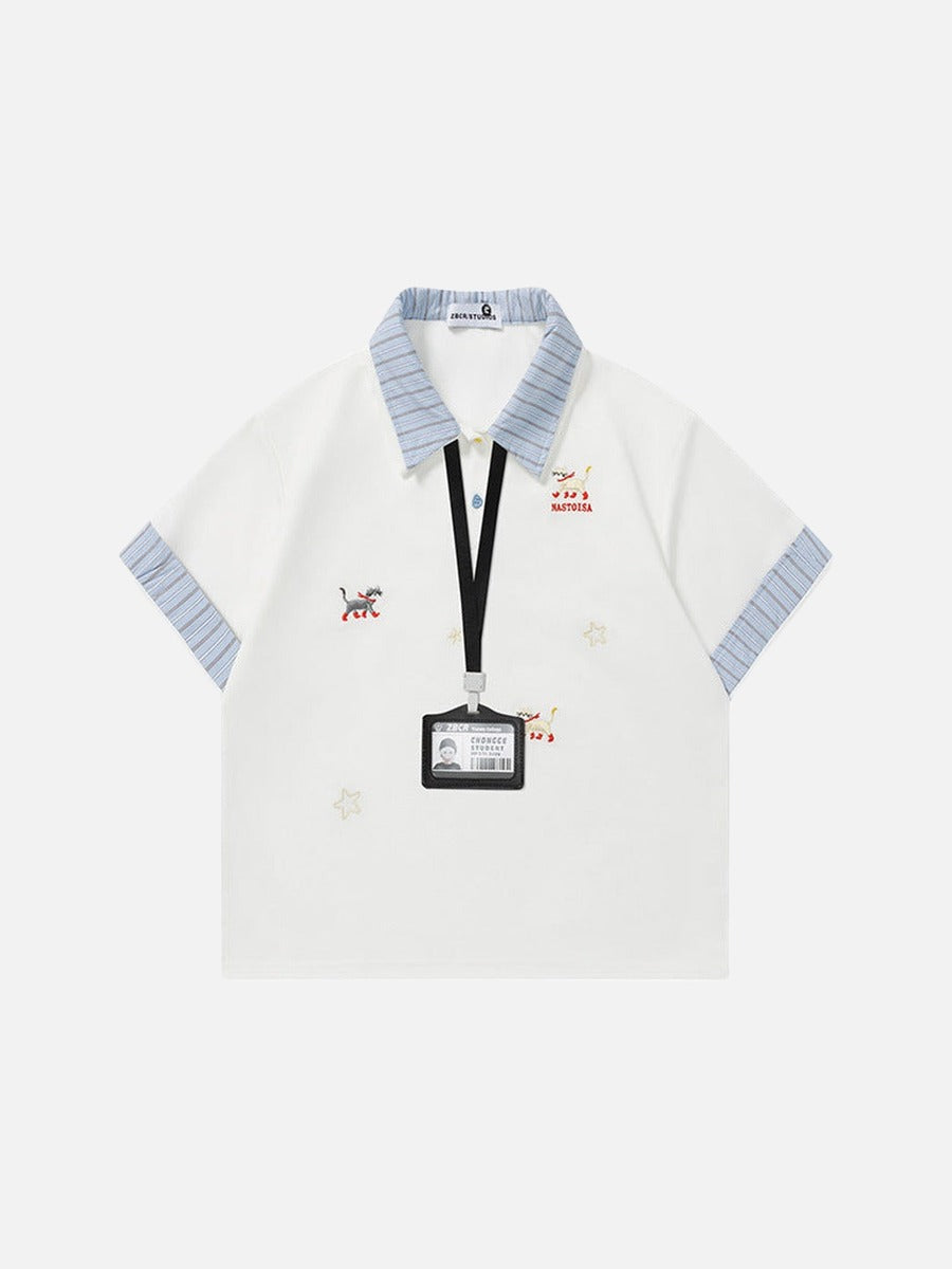DAXUEN Cat embroidered polo shirt with striped collar