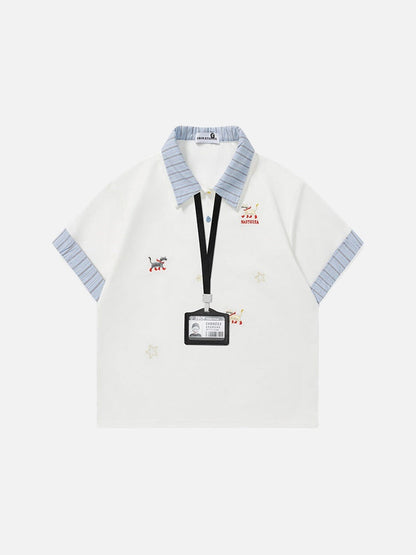 DAXUEN Cat embroidered polo shirt with striped collar