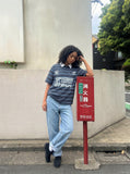 DAXUEN Navy and light blue striped polo shirt — model photo