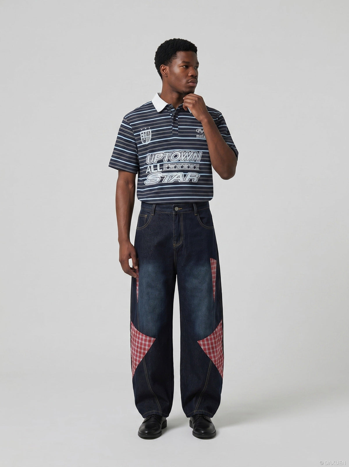 DAXUEN Navy and light blue striped polo shirt — model photo