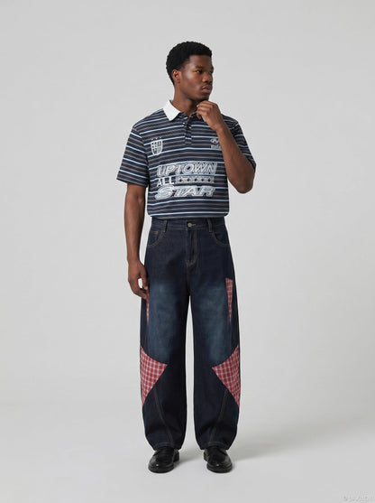 DAXUEN Navy and light blue striped polo shirt — model photo