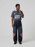 DAXUEN Navy and light blue striped polo shirt — model photo