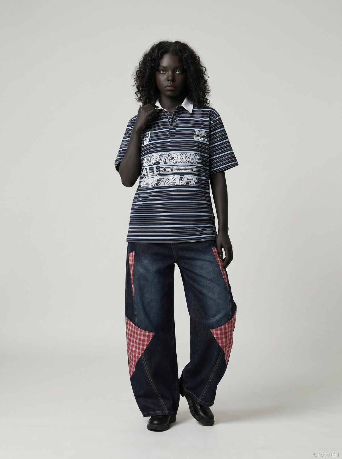 DAXUEN Navy and light blue striped polo shirt — model photo